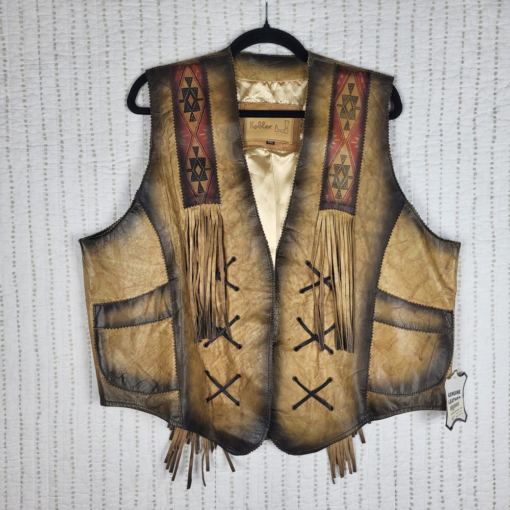 Kobler Leather Vest Men XXL Brown Fringe Buffalo Skull Native Western Cowboy